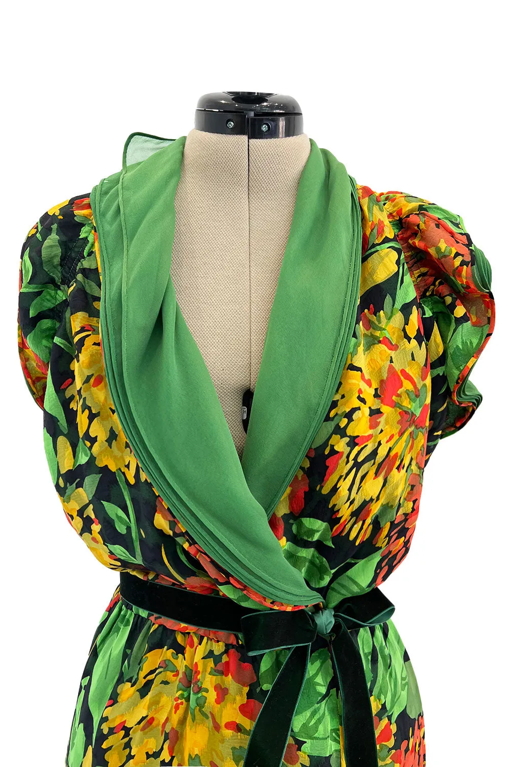 Prettiest 1970s James Galanos Couture Weightless One Shoulder Floral Silk Chiffon Dress