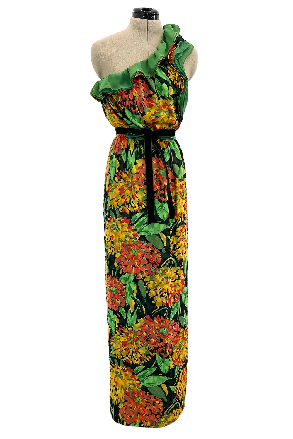 Prettiest 1970s James Galanos Couture Weightless One Shoulder Floral Silk Chiffon Dress