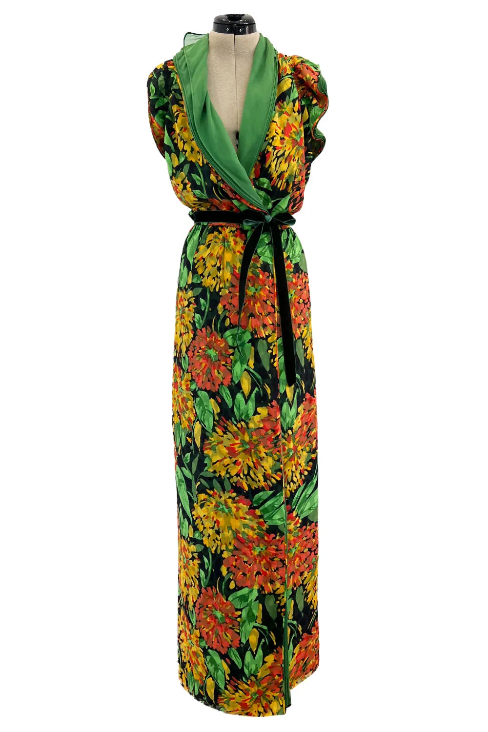 Prettiest 1970s James Galanos Couture Weightless One Shoulder Floral Silk Chiffon Dress