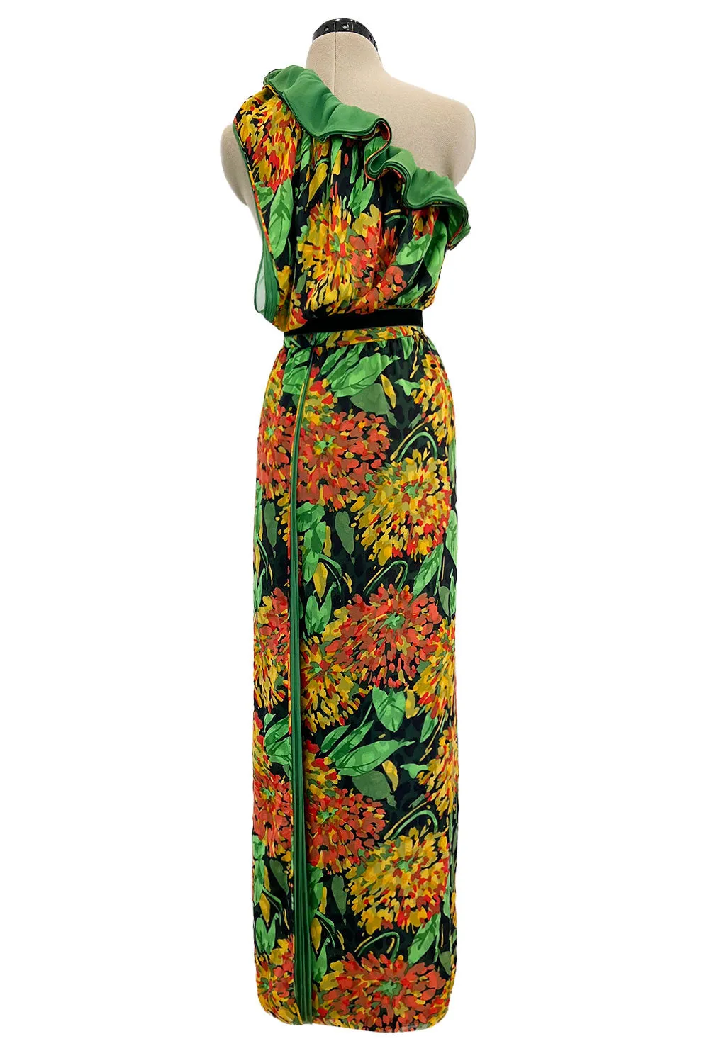 Prettiest 1970s James Galanos Couture Weightless One Shoulder Floral Silk Chiffon Dress