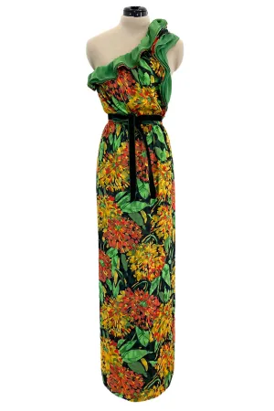 Prettiest 1970s James Galanos Couture Weightless One Shoulder Floral Silk Chiffon Dress