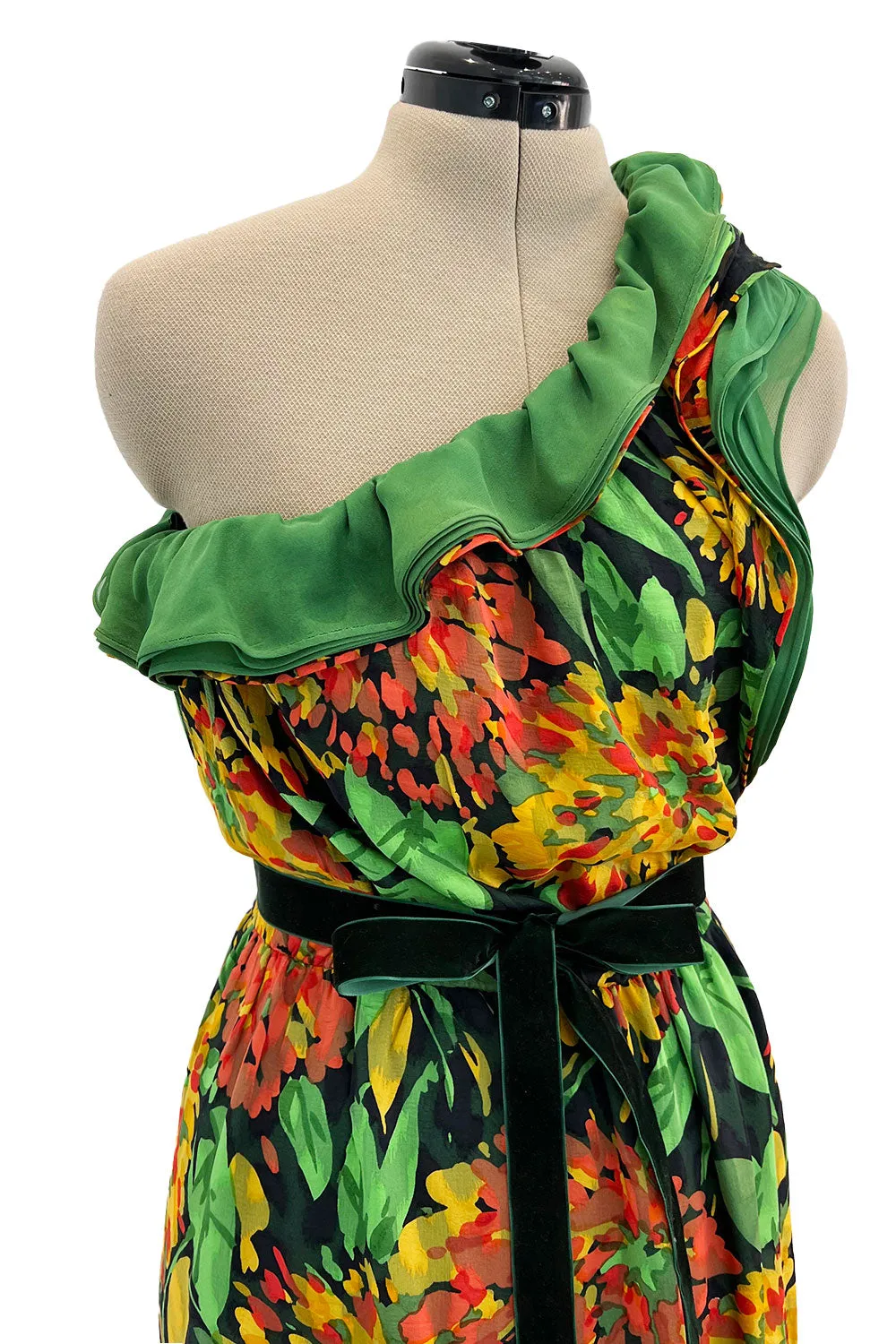 Prettiest 1970s James Galanos Couture Weightless One Shoulder Floral Silk Chiffon Dress