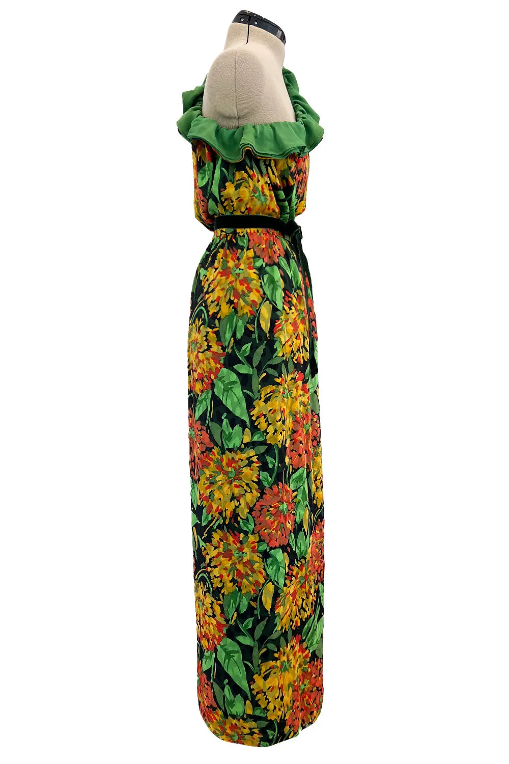 Prettiest 1970s James Galanos Couture Weightless One Shoulder Floral Silk Chiffon Dress