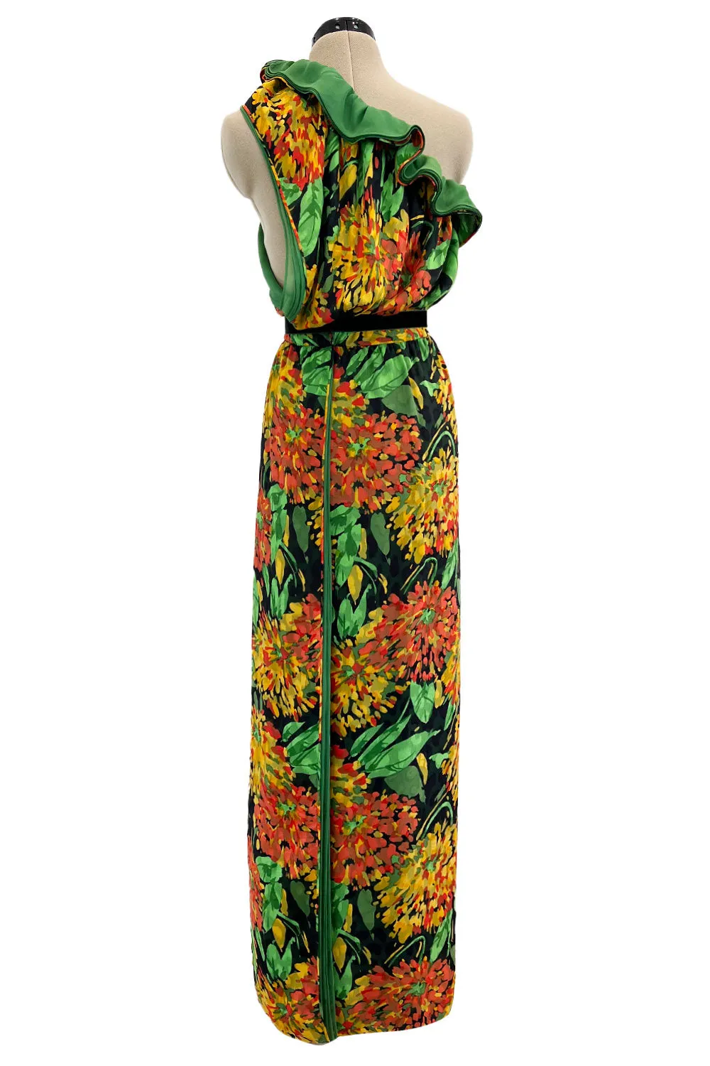 Prettiest 1970s James Galanos Couture Weightless One Shoulder Floral Silk Chiffon Dress