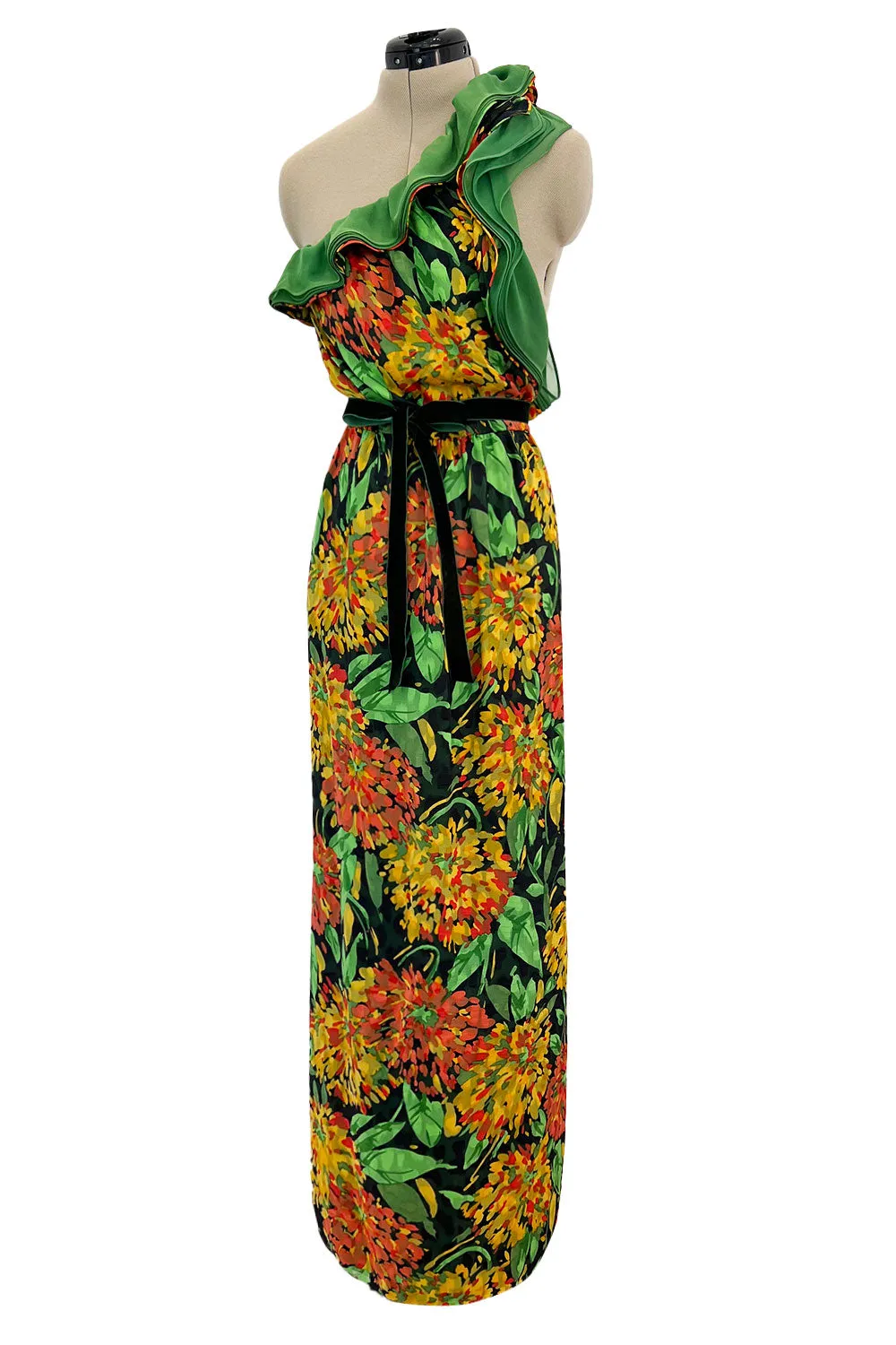 Prettiest 1970s James Galanos Couture Weightless One Shoulder Floral Silk Chiffon Dress