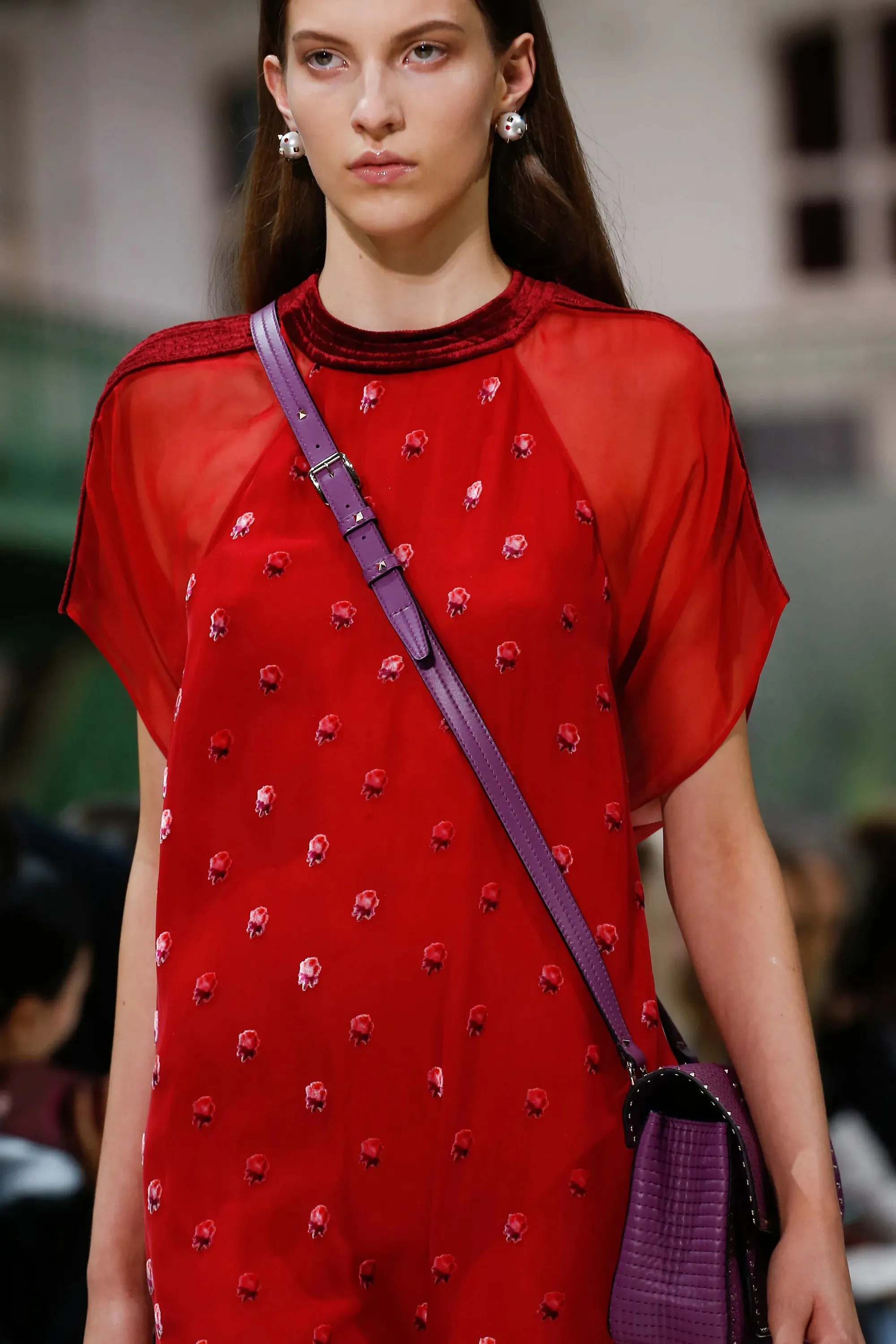 Prettiest Spring 2018 Valentino Runway Red Silk Chiffon Dress w Fused Velvet Rose Print