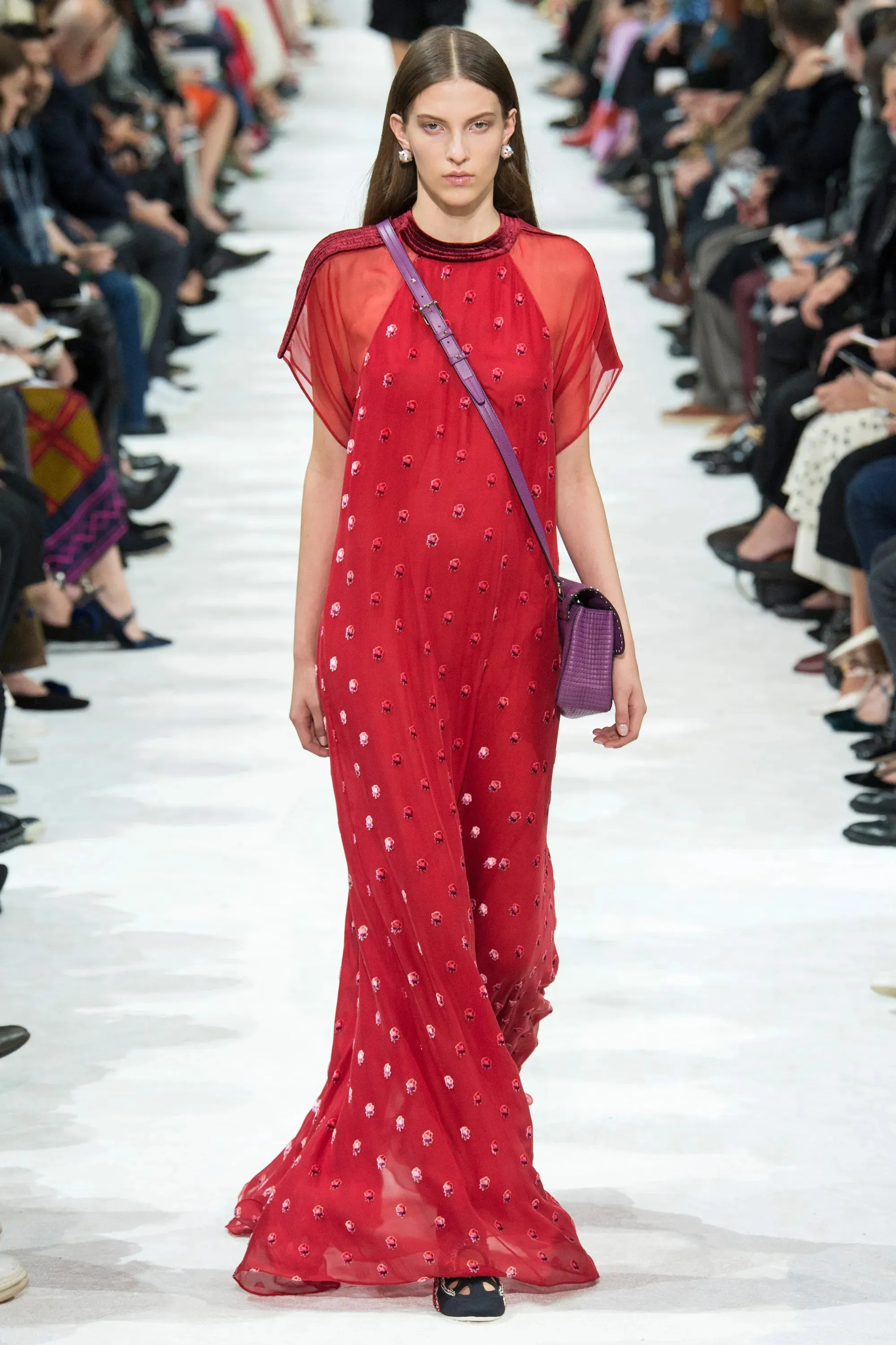 Prettiest Spring 2018 Valentino Runway Red Silk Chiffon Dress w Fused Velvet Rose Print