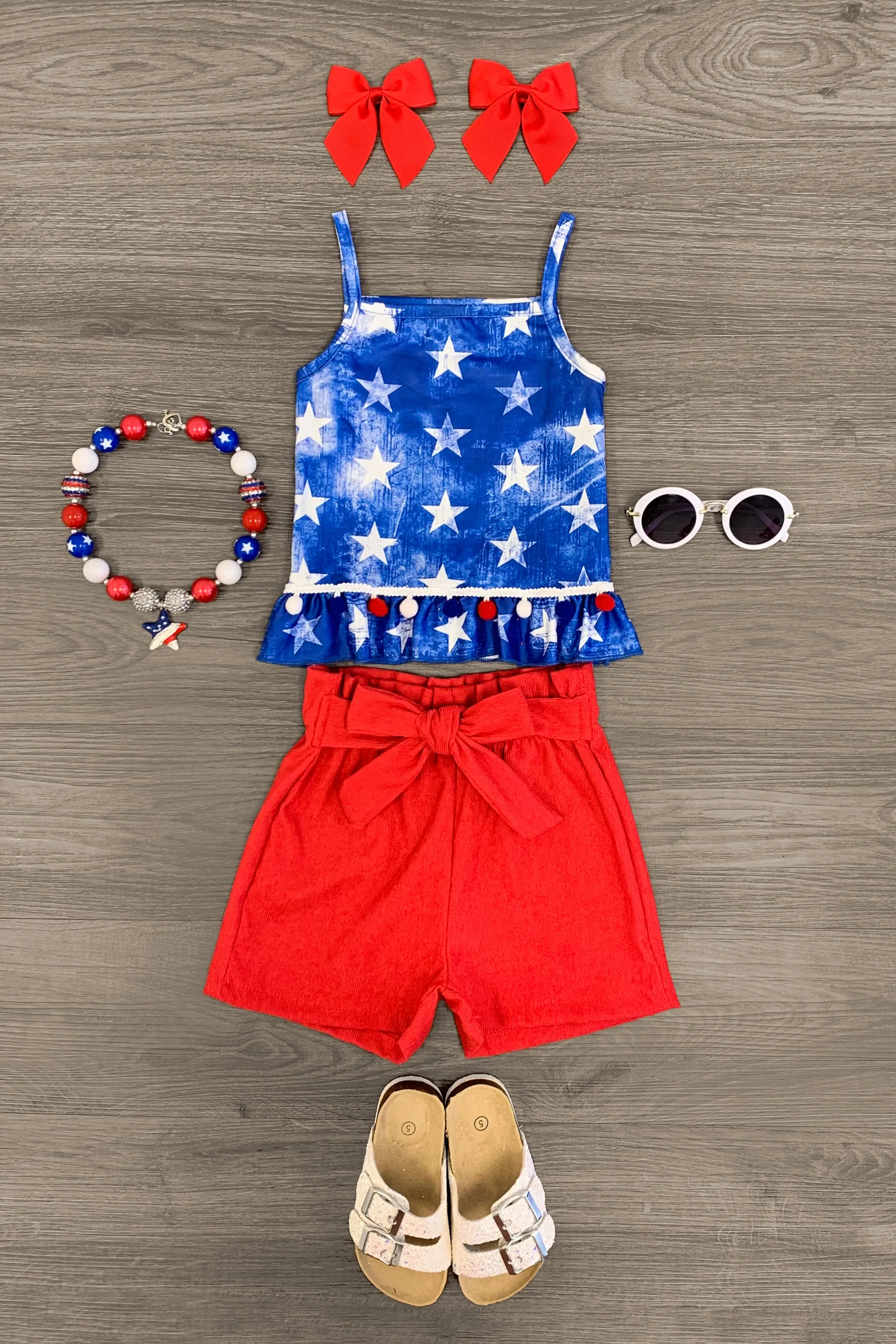 Red White Blue Pom Pom Corduroy Short Set