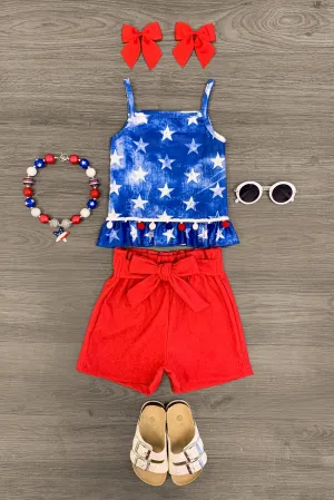 Red White Blue Pom Pom Corduroy Short Set