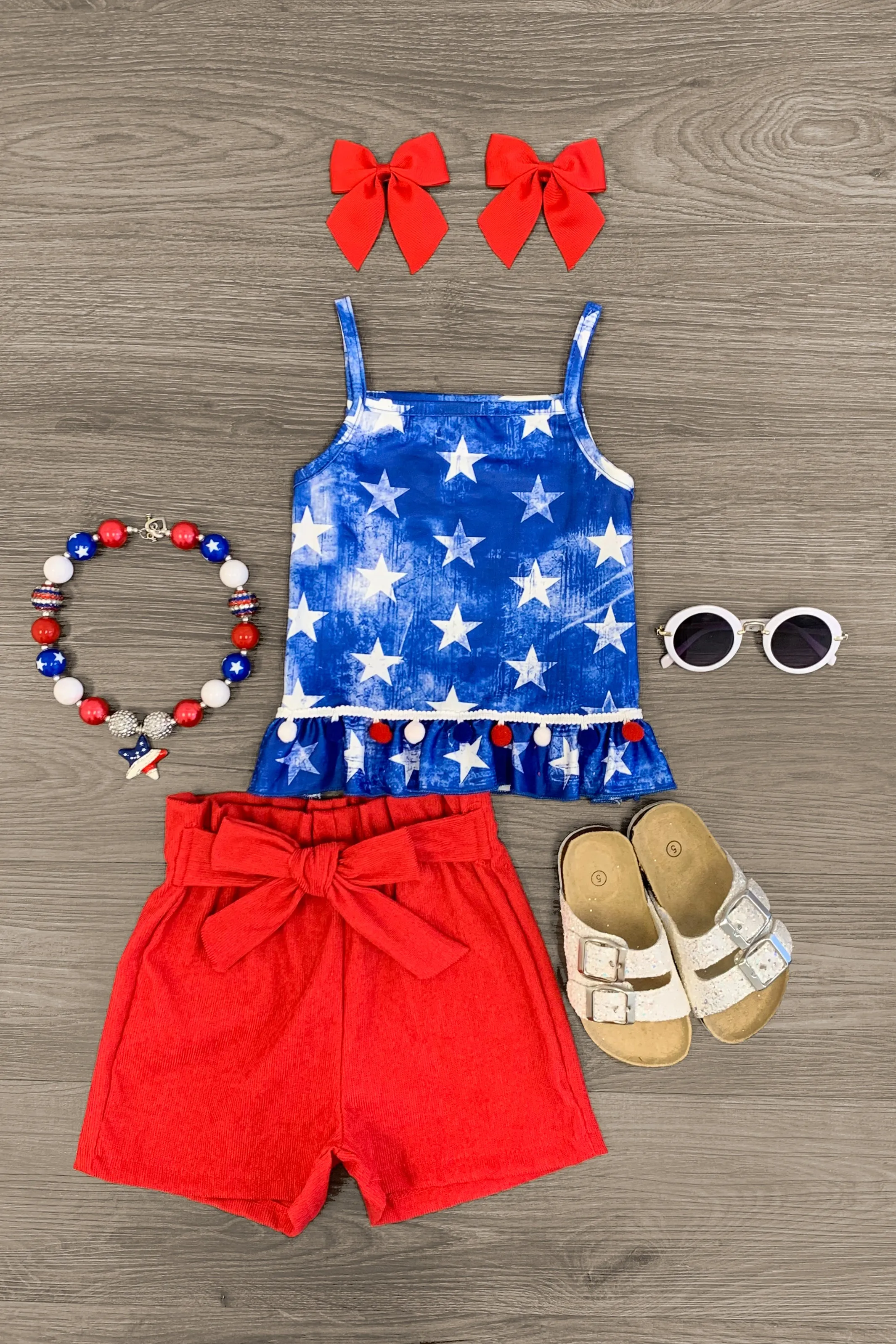 Red White Blue Pom Pom Corduroy Short Set