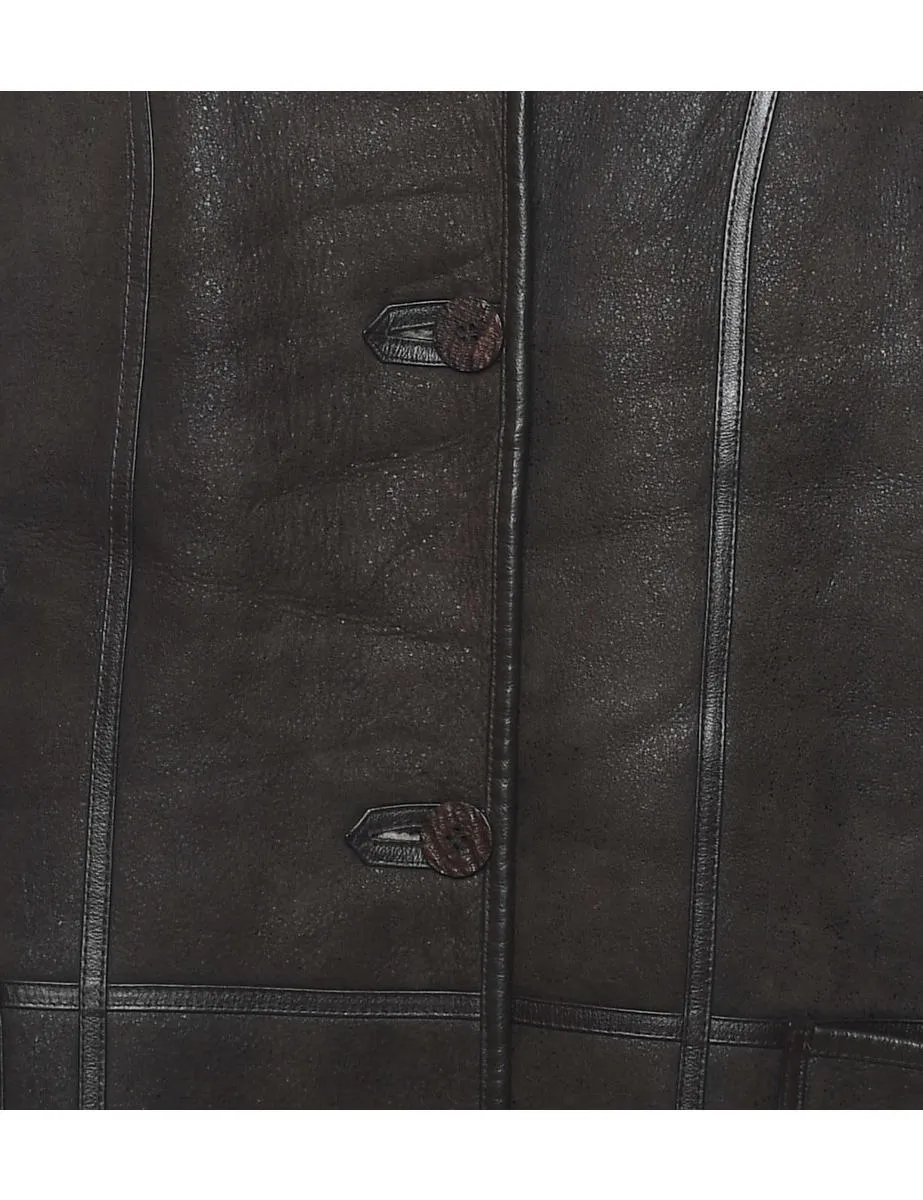 Single Breasted Brown Leather Faux Shearling Lined Jacket - L