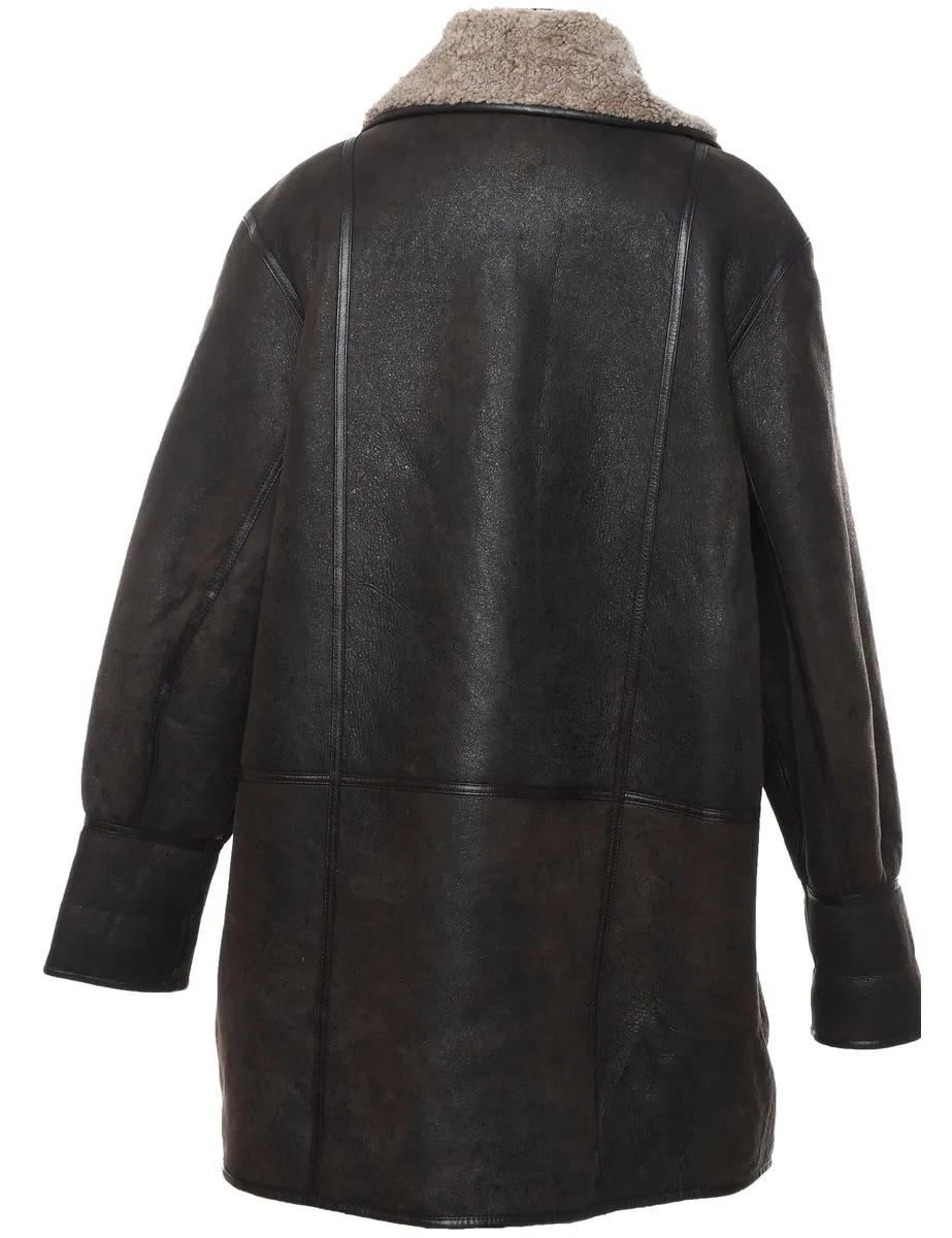 Single Breasted Brown Leather Faux Shearling Lined Jacket - L