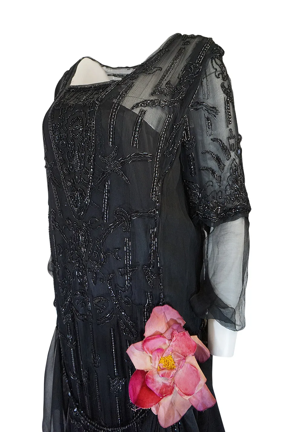 Teens or Early 1920s Unlabeled Sequin & Bead on Silk Chiffon Dress