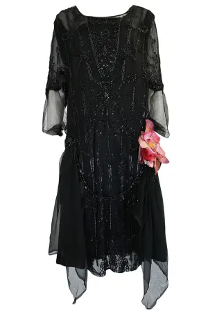 Teens or Early 1920s Unlabeled Sequin & Bead on Silk Chiffon Dress