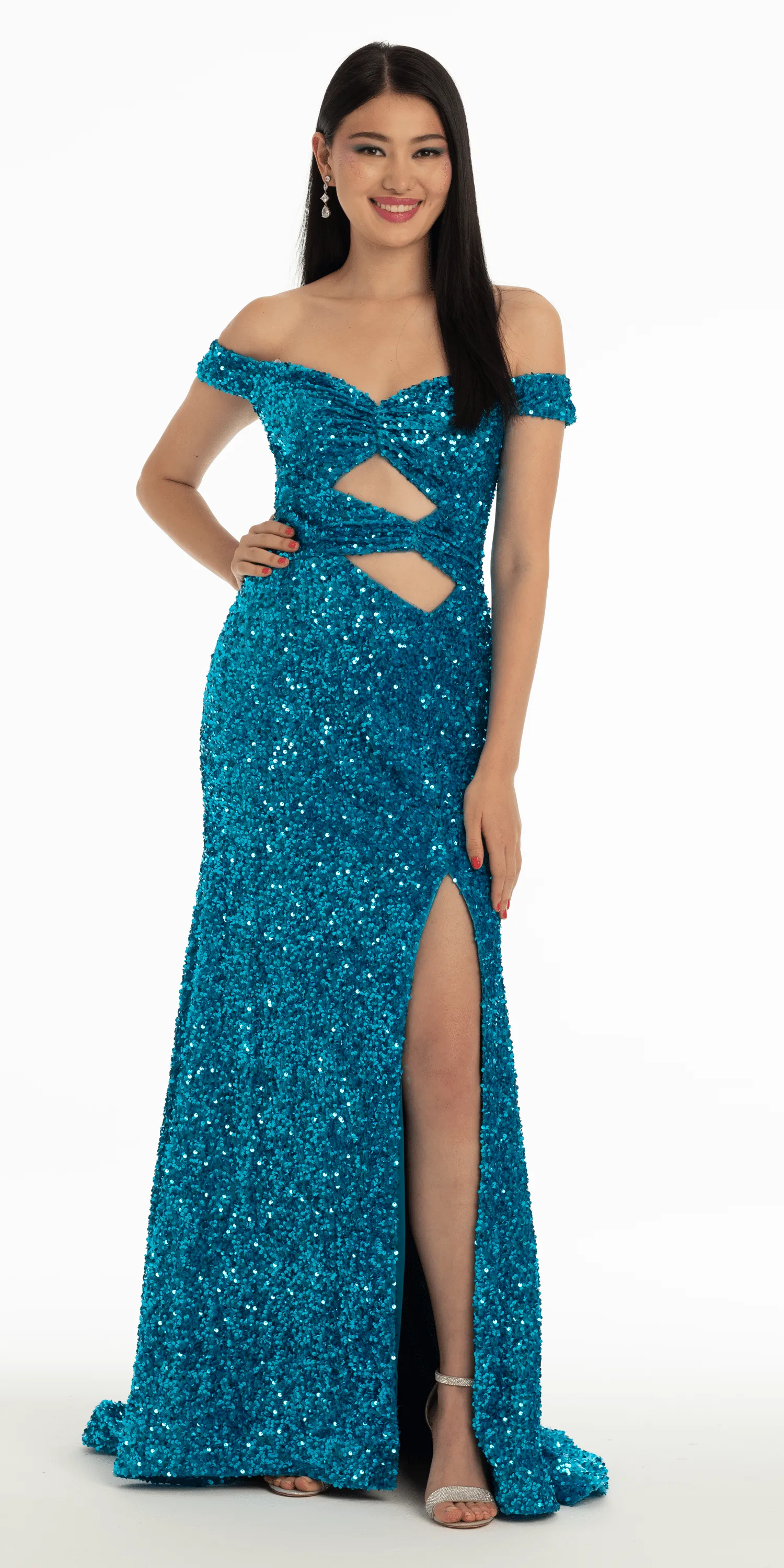 Velvet Sequin Off the Shoulder Cut Out Trumpet Dress