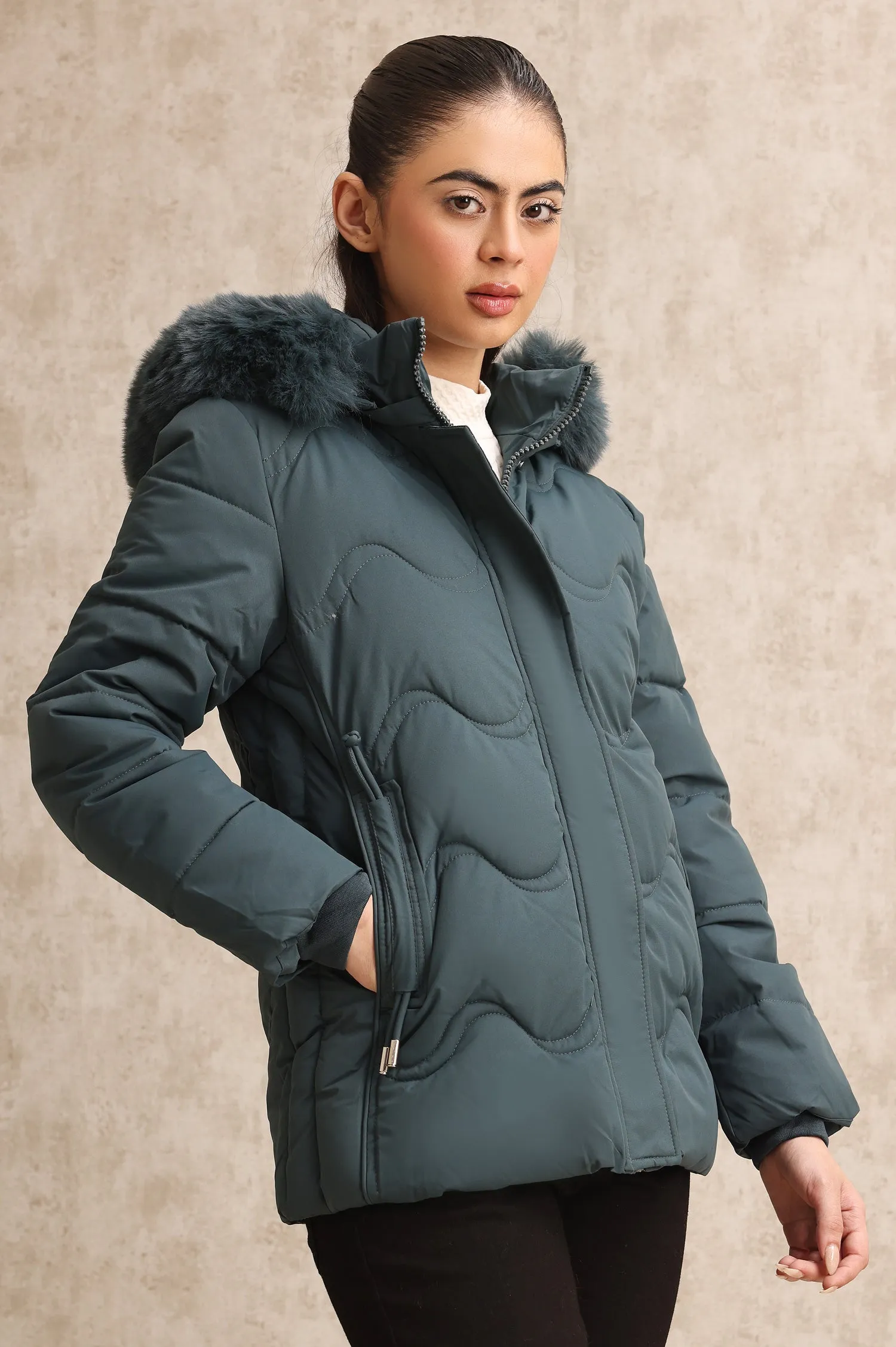 WAVE-STITCHED PUFFER JACKET-GREEN