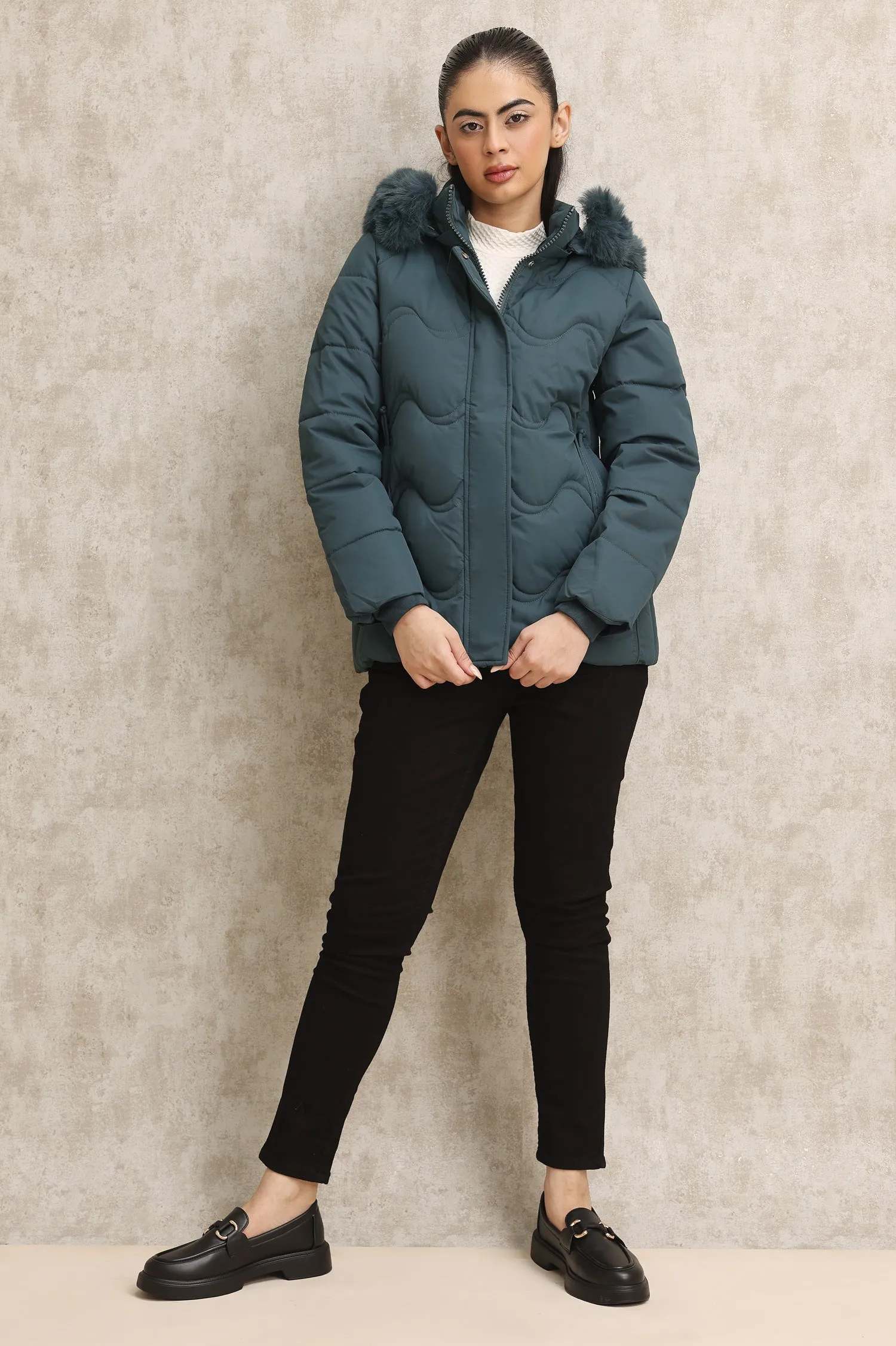 WAVE-STITCHED PUFFER JACKET-GREEN