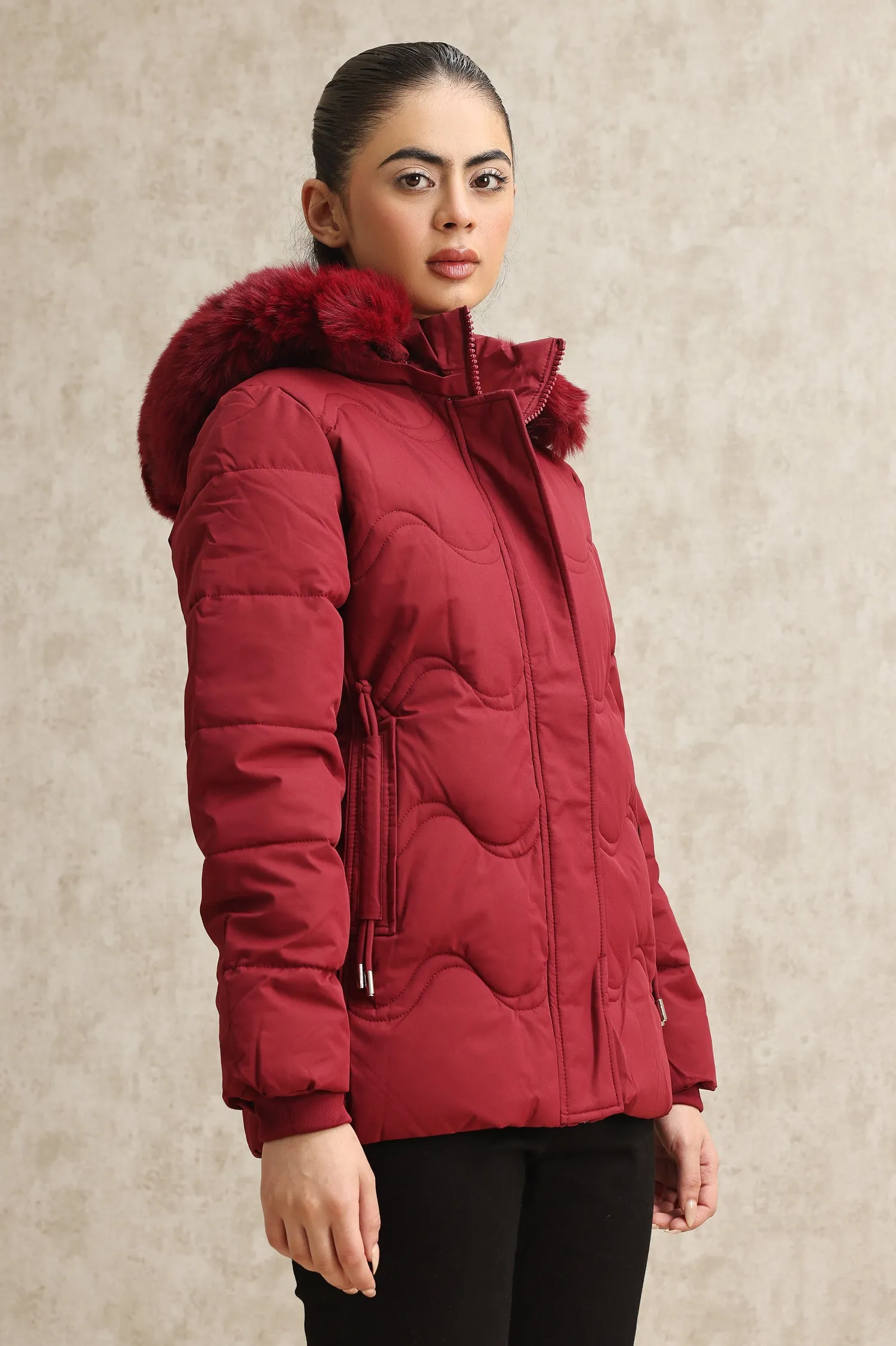 WAVE-STITCHED PUFFER JACKET-MAROON