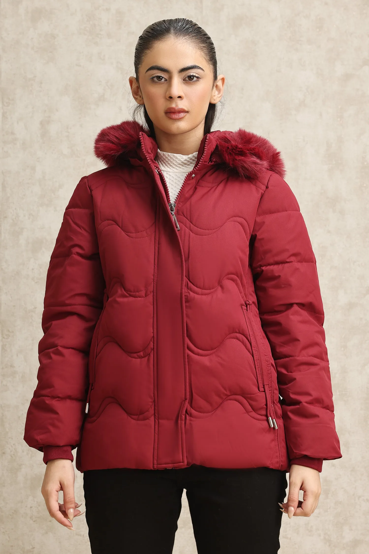 WAVE-STITCHED PUFFER JACKET-MAROON