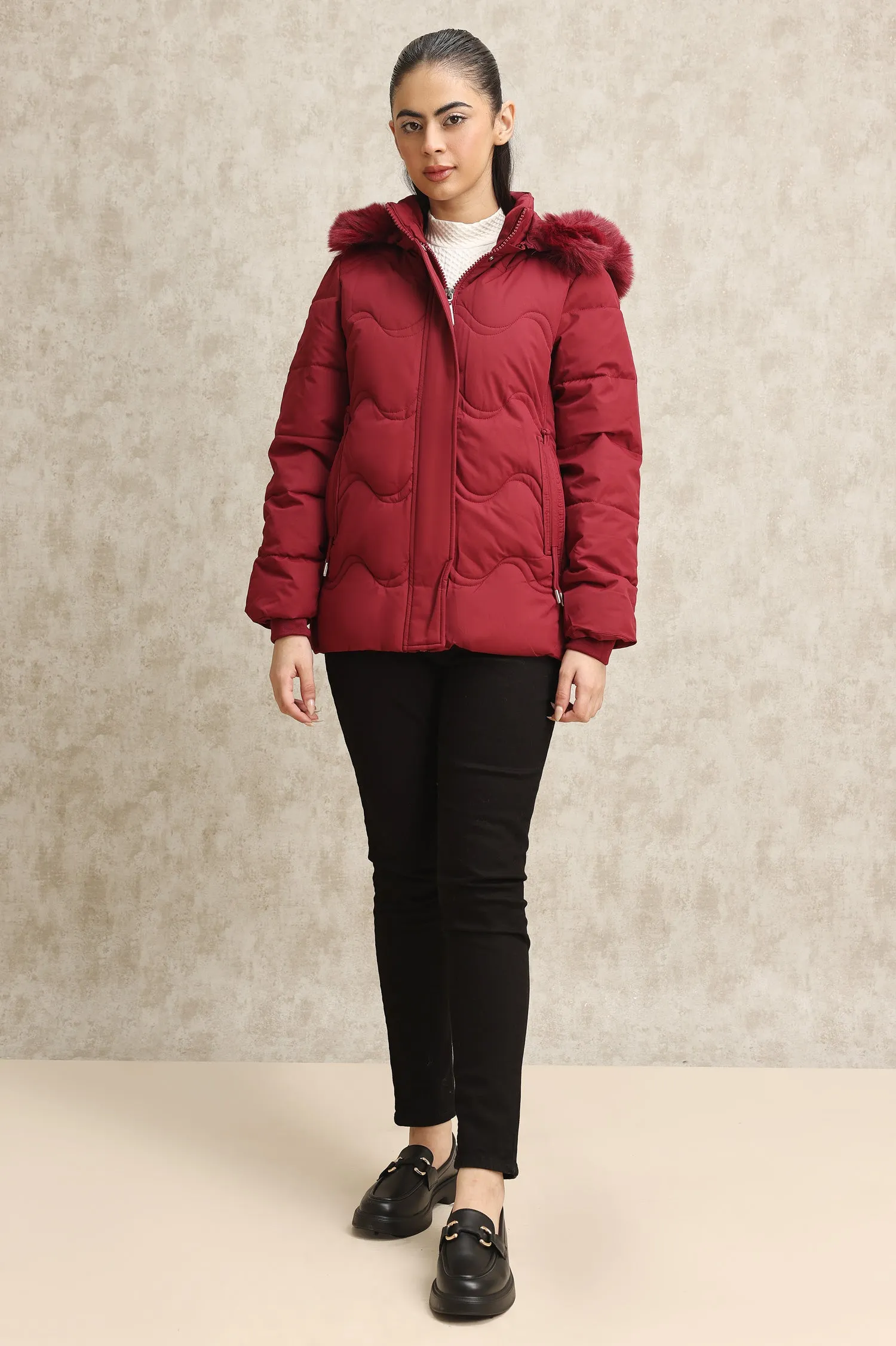 WAVE-STITCHED PUFFER JACKET-MAROON