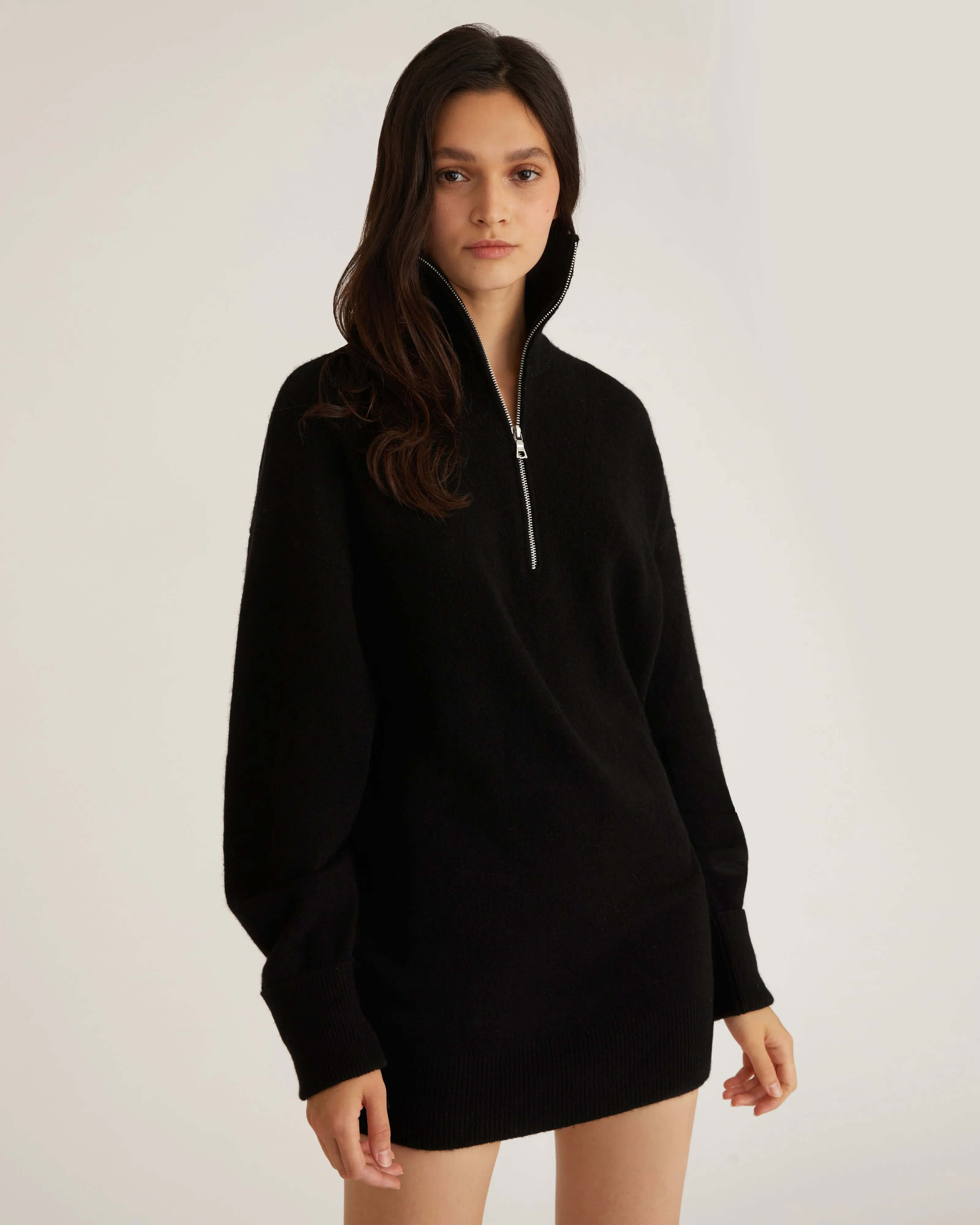 Wesley Slouchy Zip Front Cashmere Blend Sweater Dress in Black