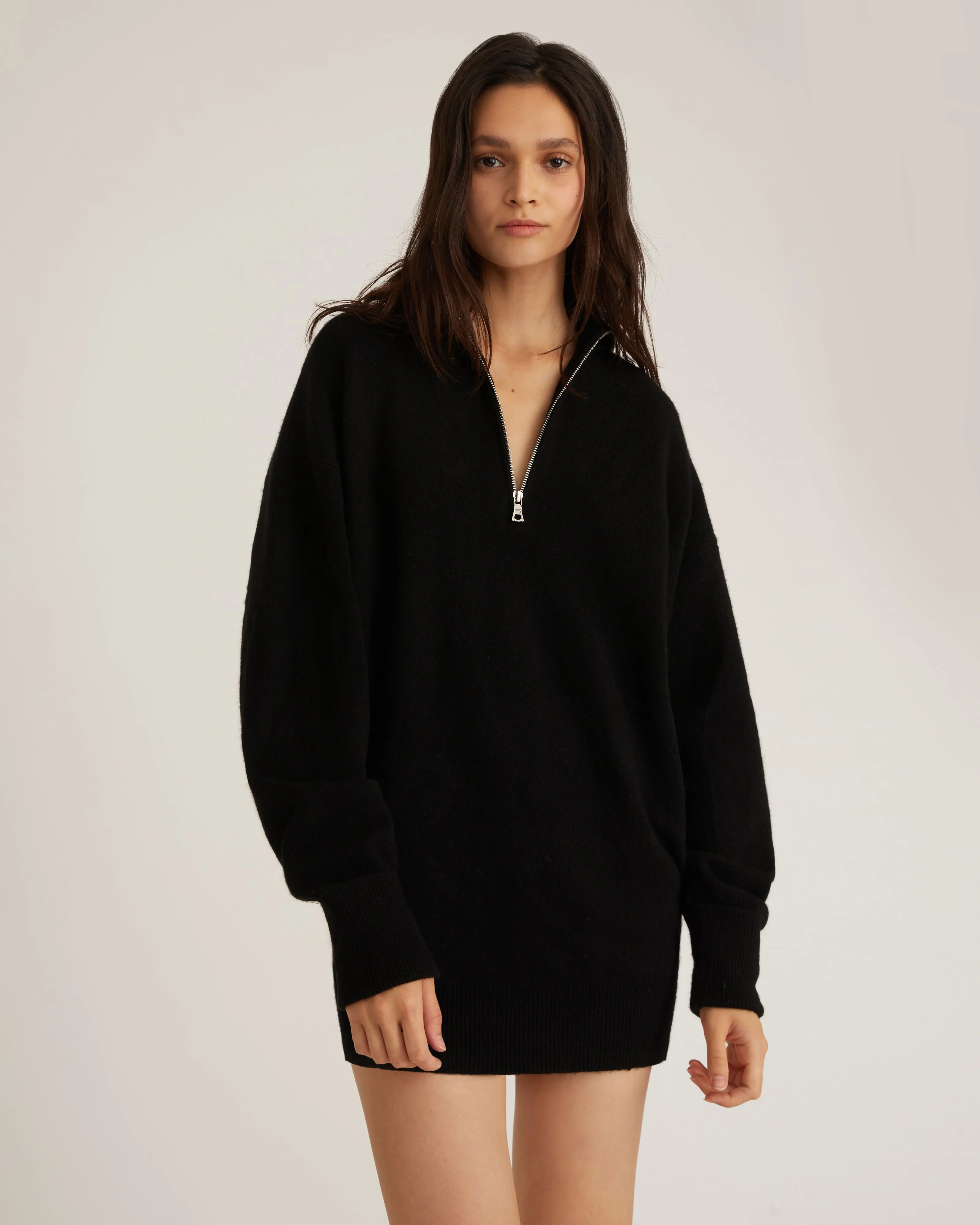 Wesley Slouchy Zip Front Cashmere Blend Sweater Dress in Black