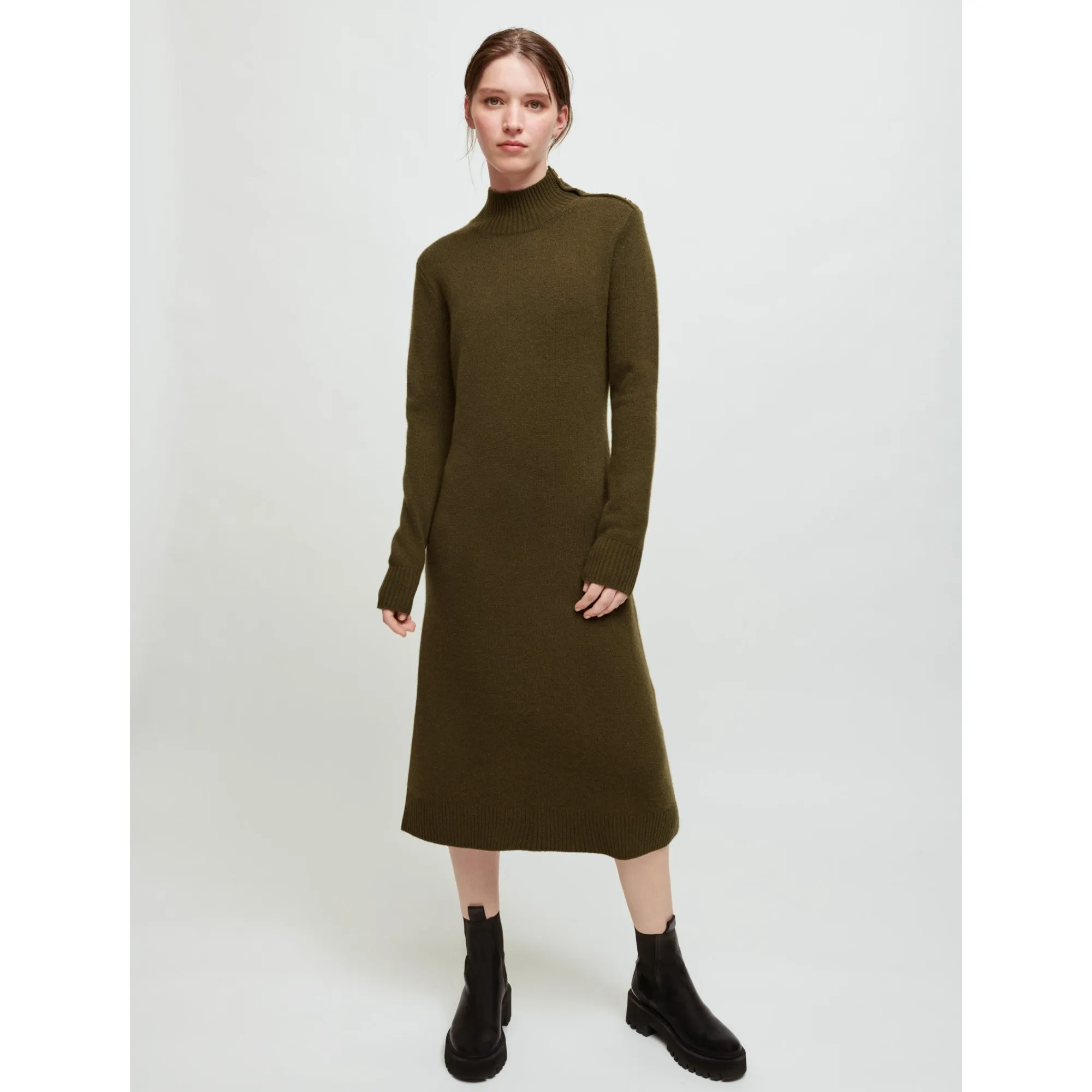 Women Cashmere Sweater Dress With Collar  - Khaki