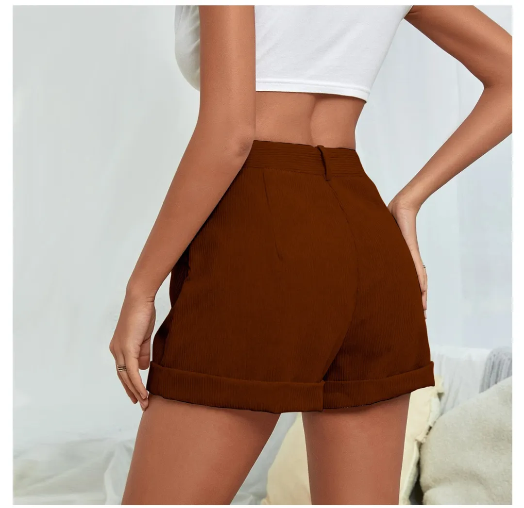 Women Clothing Vacation Pocket High Waist Corduroy Casual Shorts Wide Leg Straight Shorts