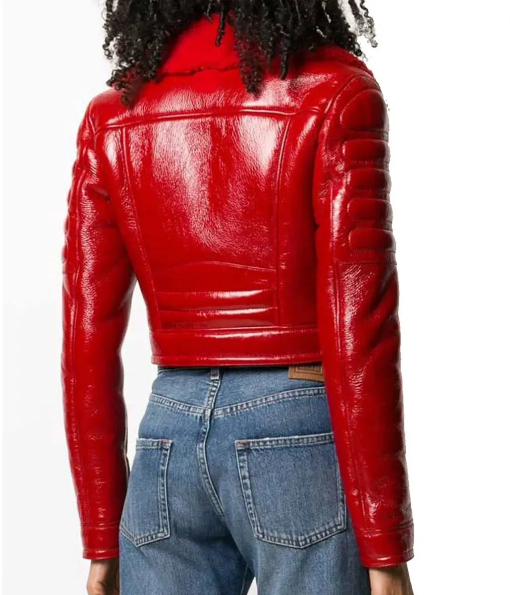 Women’s Asymmetrical Lainey Red Faux Shearling Leather Jacket