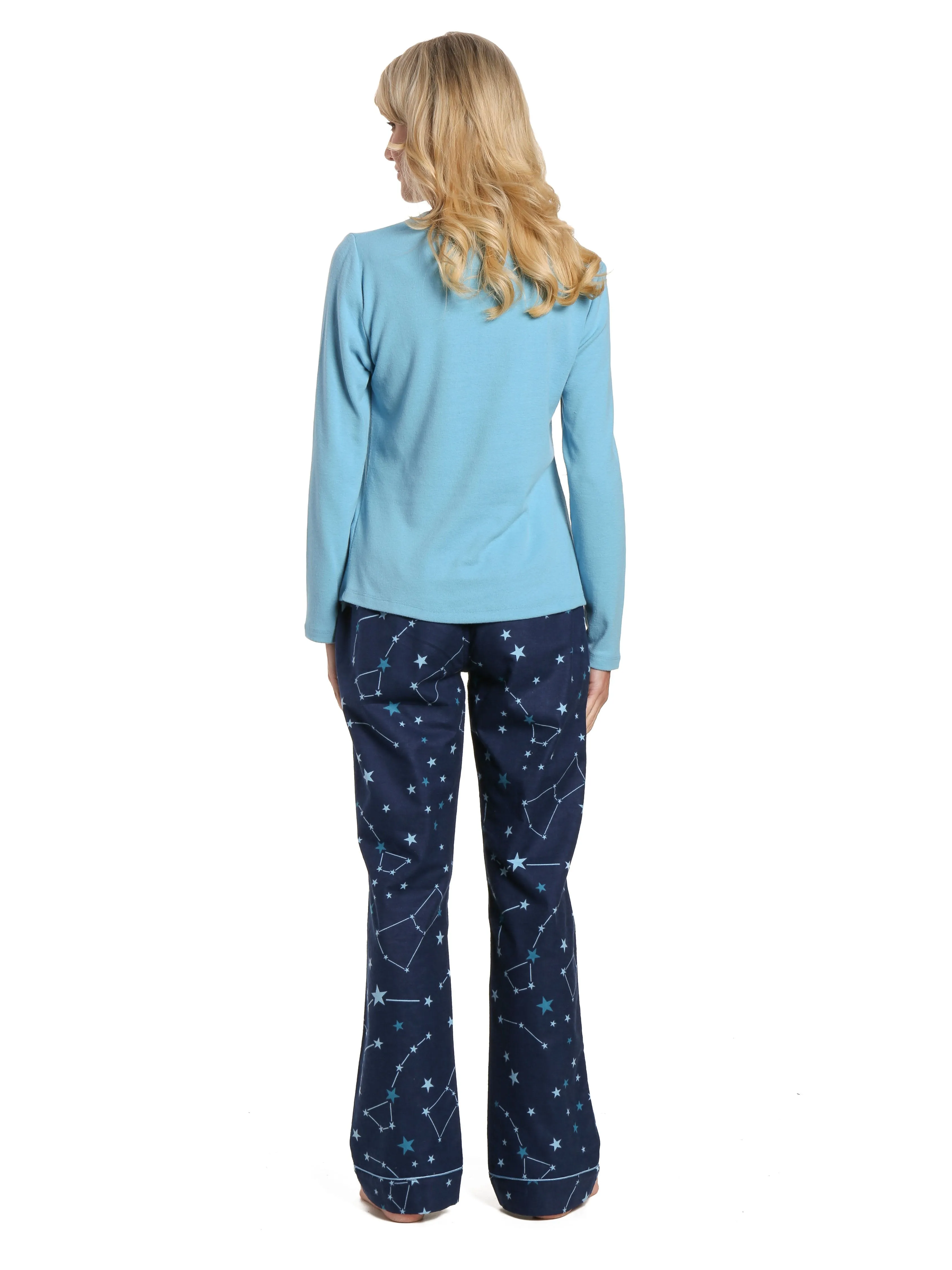 Womens Cotton Flannel Lounge Set with Henley Top - Constellations Blue