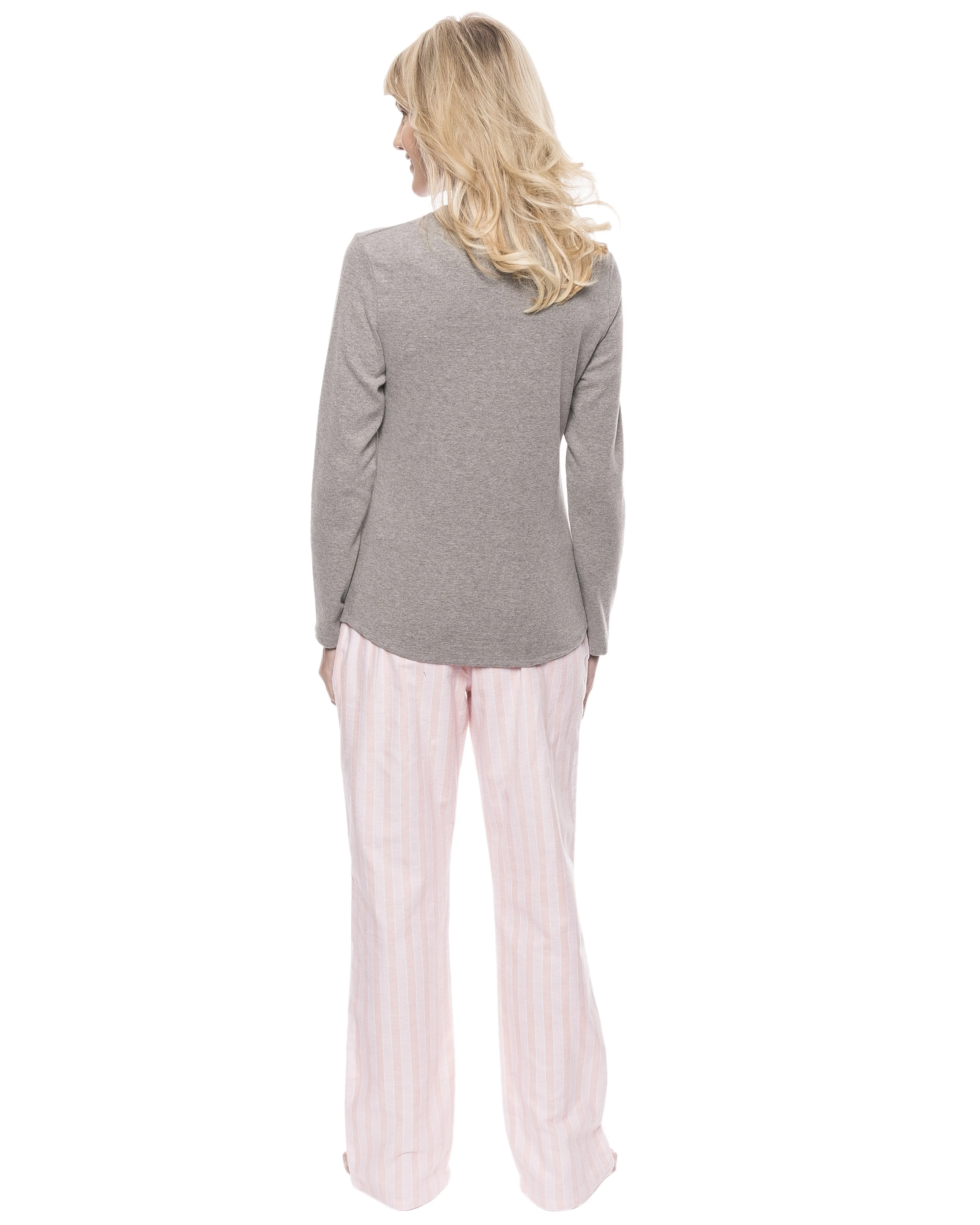 Womens Cotton Flannel Lounge Set with Henley Top - Stripes Pink