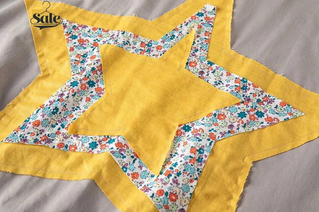 Yellow Star Floral Patchwork Tee – Relaxed Fit for Women