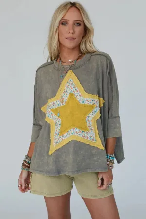 Yellow Star Floral Patchwork Tee – Relaxed Fit for Women