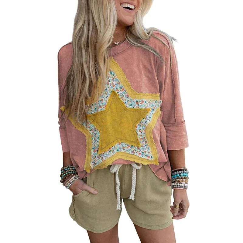 Yellow Star Floral Patchwork Tee – Relaxed Fit for Women